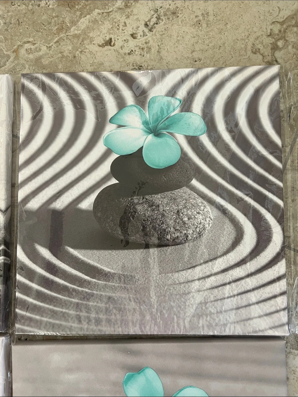 Zen Stone Wall Art Set with Teal Flower – Home Bath- set of 4 - 12”x12”